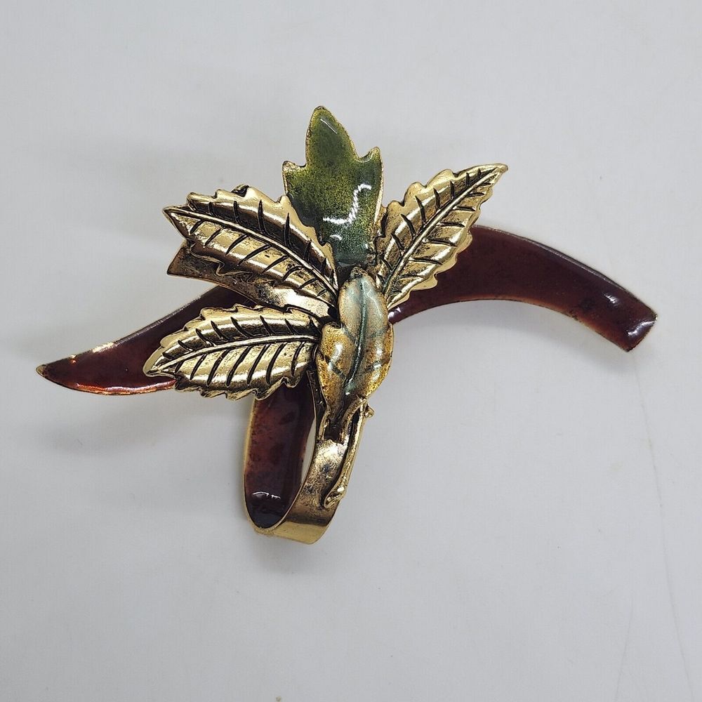 Vintage Gold Tone Enamel Leaf 3d Brooch